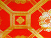 Vintage Orange Fukuro Obi with Gold thread Woven Flower Emblem in a grid pattern