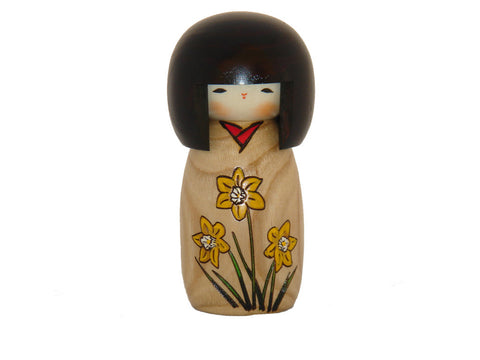 Hanamonogatari Suisen, Natural wood color kokeshi with Daffodil  U-9-1