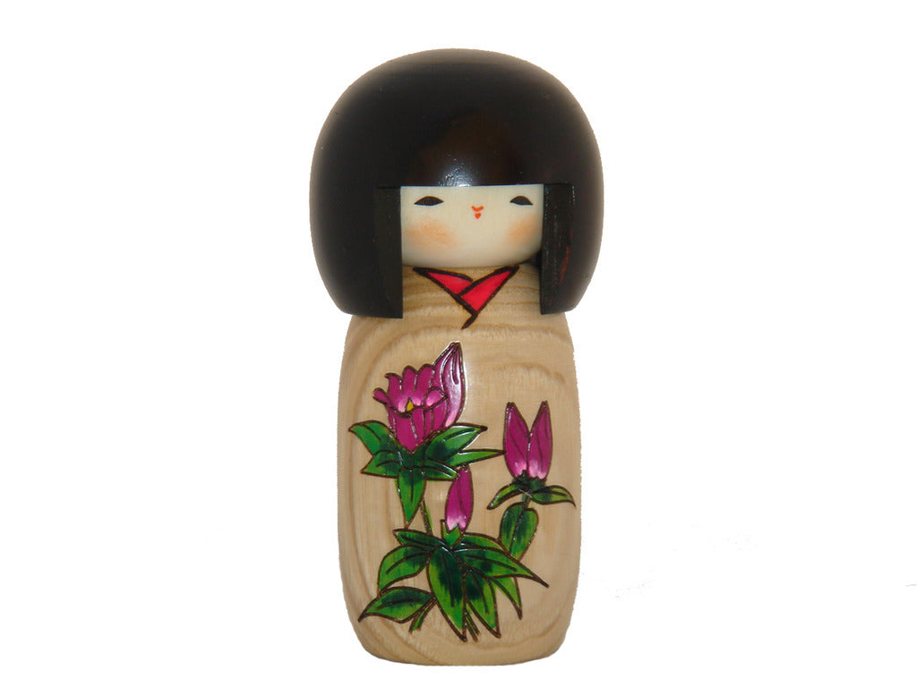 Hanamonogatari Rindoh, Natural wood color kokeshi with Gemtian  U-9-7