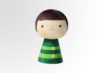 Bokuchan Kokeshi doll with green striped with carved buttons U-7-40