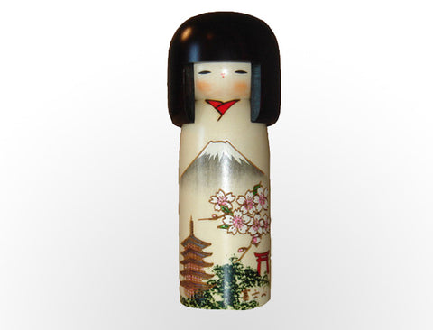 Fujisan Kokeshi doll with Mt Fuji, Cherry Blossoms, Red Tori Gate, Pagoda U-11-1