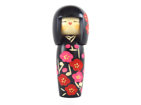 Hanakazari - Cute little girl with a happy smile in black kimono with pink and red flower kokeshi doll K-1