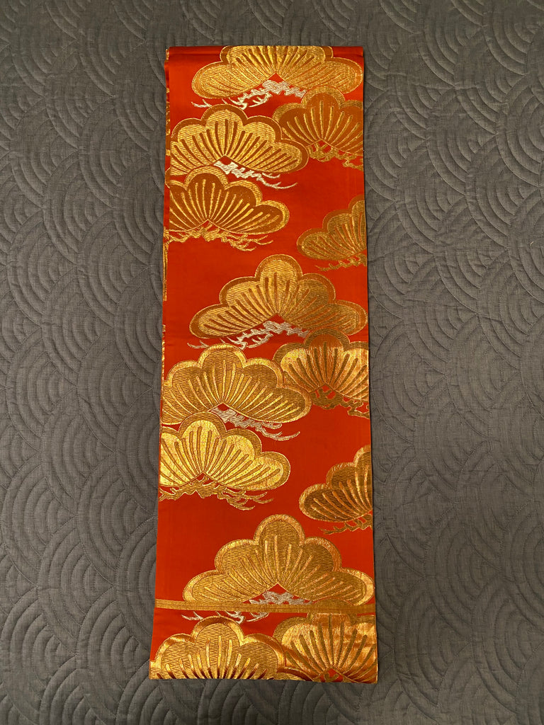 Vintage Orange with Gold and Silver Pine Tree design Japanese Maru obi